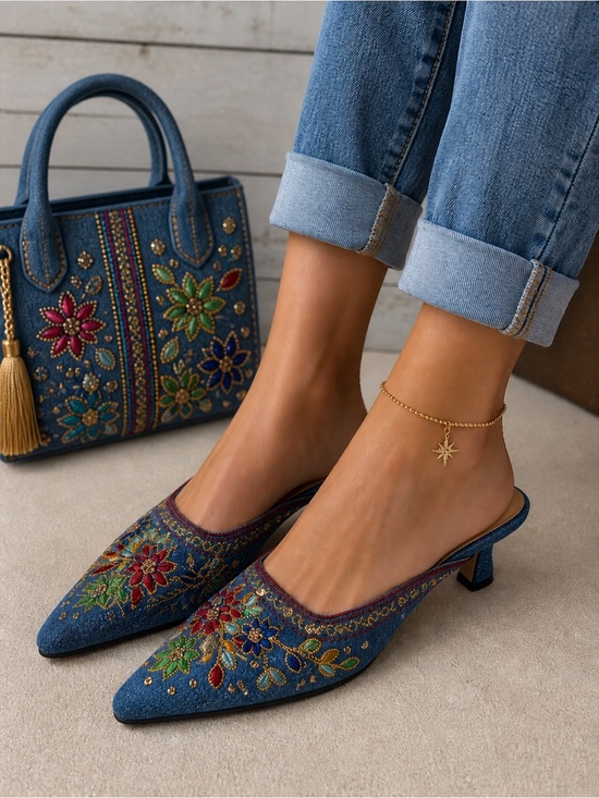 Madeline Shoes - NWOT floral embroidered kitten heel slides